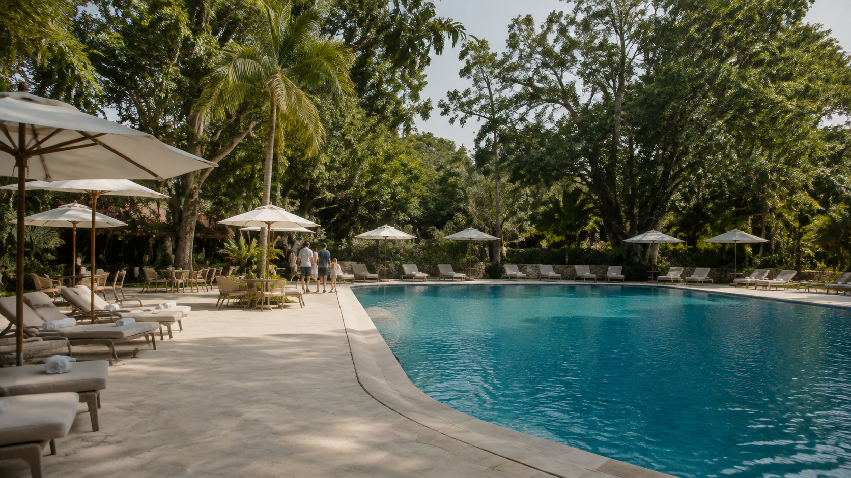 Concept of a shared swimming pool and family terrace